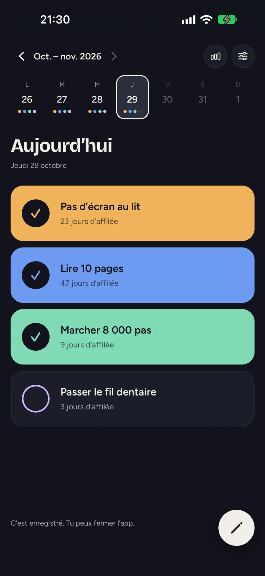L’écran Aujourd’hui : trois habitudes cochées, chaque carte remplie de sa couleur, une encore ouverte.