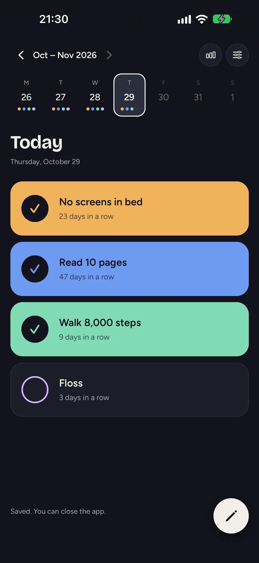 The Today screen: three habits ticked, each card filled with its colour, one still open.